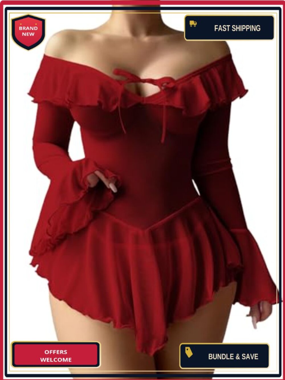 Sexy Lingerie Set Bell Sleeve Ruffle Mesh Babydoll Clubwear